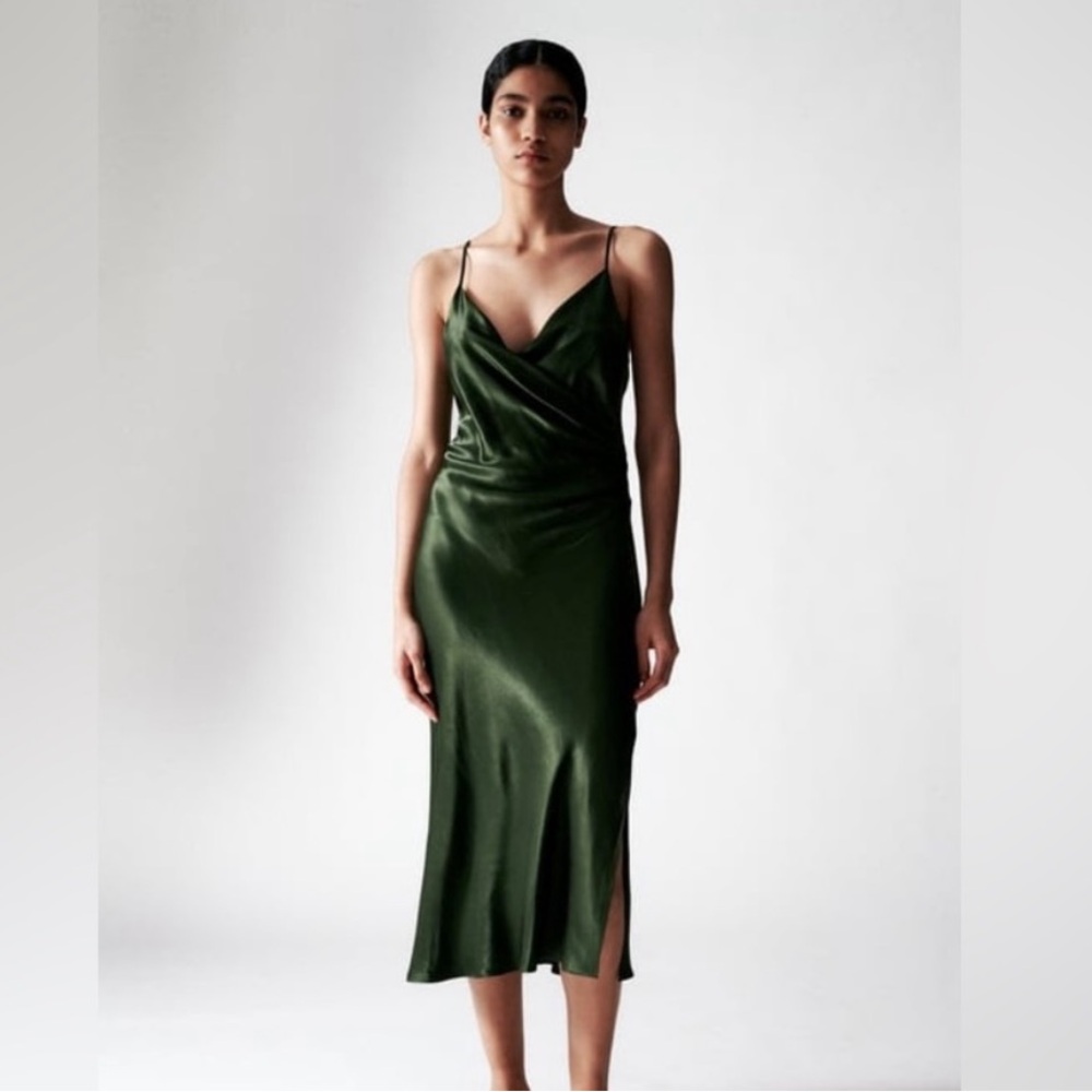 Green Satin Ruched Midi Dress